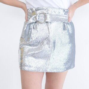 Lovers + Friends Silver Shimmery Sequin Mini Skirt with Belt S  NWT